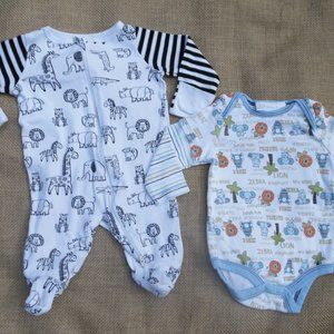 Animals on Safari printed onesie and footed pajamas